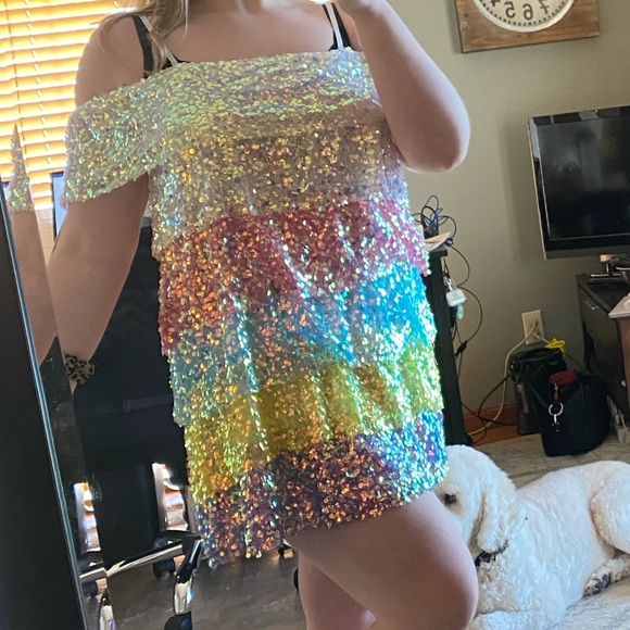 Multi Colored Sequin Ruffle Off-The-Shoulder Mini Dress Size L/8 - Picture 4 of 4